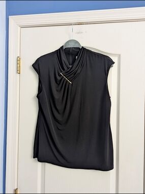 Calvin Klein Black Sleeveless Draped Tank with Gold Accent Bar